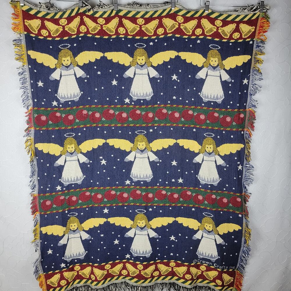 Vintage Crown Crafts Christmas Angel Woven Throw 62 x 50 Fringe Afghan Cotton